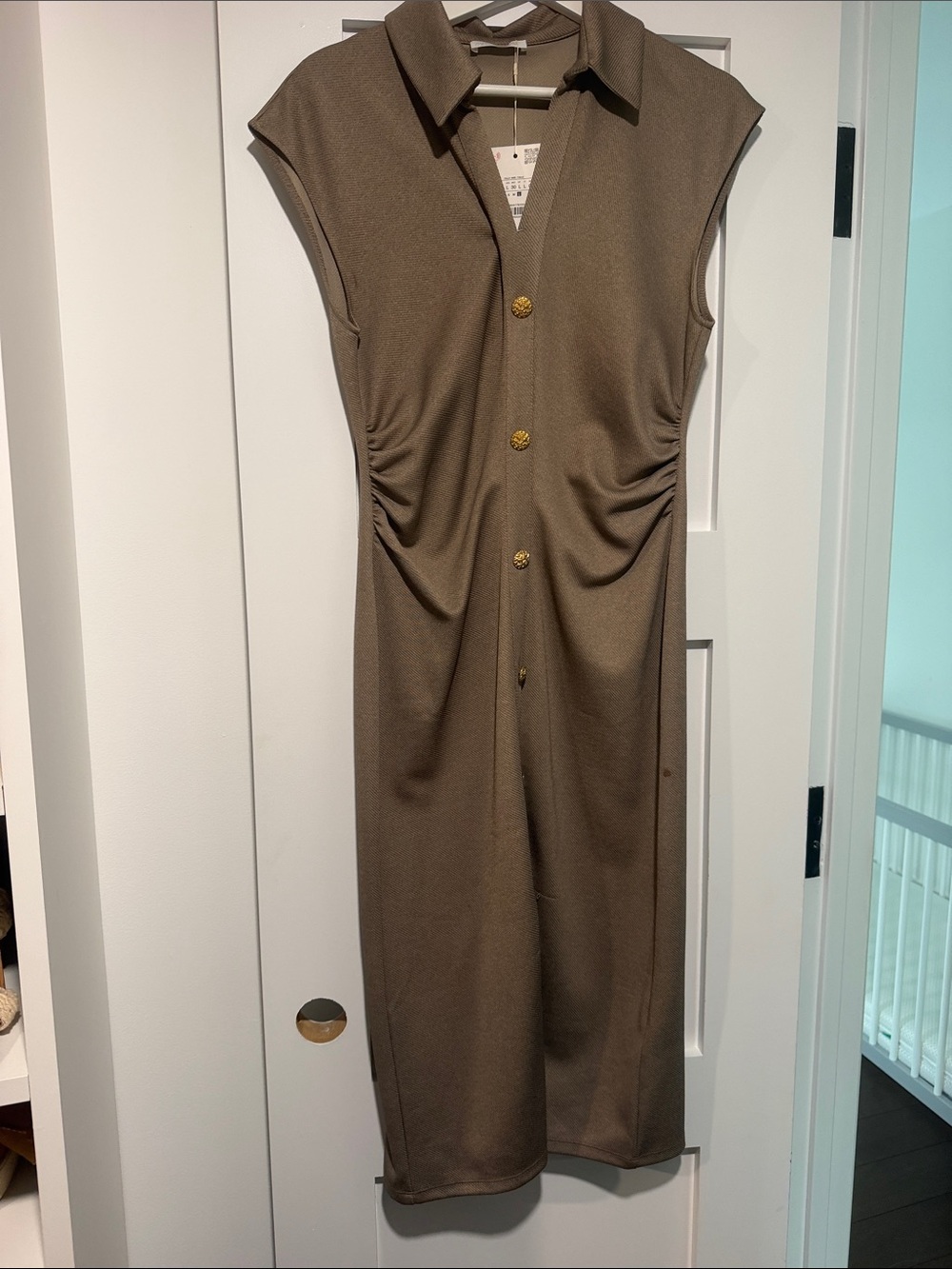 Zara Olive Green Sleeveless Collared Midi Dress with Gold Buttons